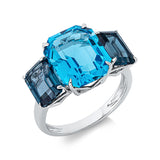 Ring 18 kt WG, 2 Topase 3,60 ct Lond. blue, 1 Topas 6,90 ct blau