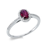 Ring 18 kt WG, 32 Brill. 0,14 ct, TW-si, 1 Rubin 0,54 ct rot