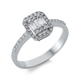 Ring 18 kt WG, 6 Brill. 0,06 ct, F-si, 3 Bag. 0,13 ct, F-vsi, 32 Brill. 0,21 ct, F-si