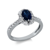 Ring 18 kt WG, 4 Nav. 0,26 ct, TW-si, 18 Brill. 0,27 ct, TW-si, 1 Saphir 1,18 ct blau