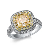 Ring 18 kt, GIA 1437175960, 1 Cush 2,00 ct, gelb-vs2, 68 Brill. 0,87 ct, TW-si, 18 Brill. 0,24 ct, gelb