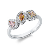 Ring 18 kt, 39 Brill. 0,22 ct, TW, 1 Tropfen 0,13 ct, pink, 1 Cushion 0,18 ct, gelb, 1 Nav. 0,13 ct, braun