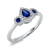 Ring 18 kt WG, 29 Brill. 0,13 ct, TW-si, 1 Saphir 0,27 ct blau, 2 Saphire 0,11 ct blau