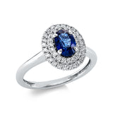 Ring 18 kt WG, 42 Brill. 0,30 ct, TW-vsi/si, 1 Saphir 0,99 ct blau