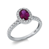 Ring 18 kt WG, 32 Brill. 0,46 ct, TW-si, 1 Rubin 0,84 ct rot