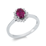 Ring 18 kt WG, 8 Brill. 0,11 ct, W-pi, 8 Brill. 0,04 ct, W-pi, 1 Rubin 0,93 ct rot