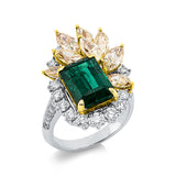 Ring 18 kt, 12 Brill. 0,73 ct, 24 Brill. 0,14 ct, TW-si, 8 Fant-Schl. 2,82 ct, gelb, 1 Smaragd 4,41 ct grün