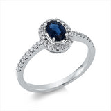 Ring 18 kt WG, 6 Brill. 0,06 ct, TW-si, 30 Brill. 0,15 ct, TW-si, 1 Saphir 0,56 ct blau