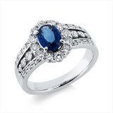 Ring 900 Pt Platin, 34 Brill. 0,70 ct, TW-si, 1 Saphir 0,85 ct blau