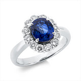 Ring 900 Pt Platin, 12 Brill. 0,65 ct, TW-si, 1 Saphir 1,82 ct blau