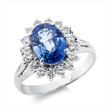 Ring 900 Pt Platin, 16 Brill. 0,43 ct, TW-si, 1 Saphir 2,80 ct blau