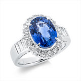 Ring 900 Pt Platin, 24 Fant-Schl. 0,90 ct, TW-si, 1 Saphir 4,41 ct blau