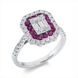 Ring 18 kt WG, 6 Bag. 0,19 ct, TW-vsi, 38 Brill. 0,51 ct, TW-si, 14 Rubine 0,42 ct rot