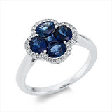 Ring 18 kt WG, 32 Brill. 0,15 ct, TW-si, 1 Saphir 0,15 ct blau, 4 Saphire 1,68 ct blau