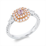 Ring 18 kt, 2 Triangel 0,22 ct, TW-si, 10 Brill. 0,13 ct,1 Cushion 0,31 ct, pink, 28 Brill. 0,33 ct, pink