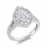 Ring 18 kt WG, 6 Bag. 0,20 ct, F-vsi/si, 3 Nav. 0,26 ct, F-vsi/si, 1 Princ. 0,08 ct, F-vsi/si, 1 Tropfen 0,15 ct, F-vsi/si, 68 Brill. 0,62 ct, TW-si