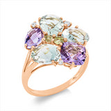 Ring 18 ktRG,3 Brill. 0,06 ct, TW-si,2 Ameth 2,20 ct pink, 3 Ameth 3,30 ct grün, 2 Peridot 0,30 ct grün